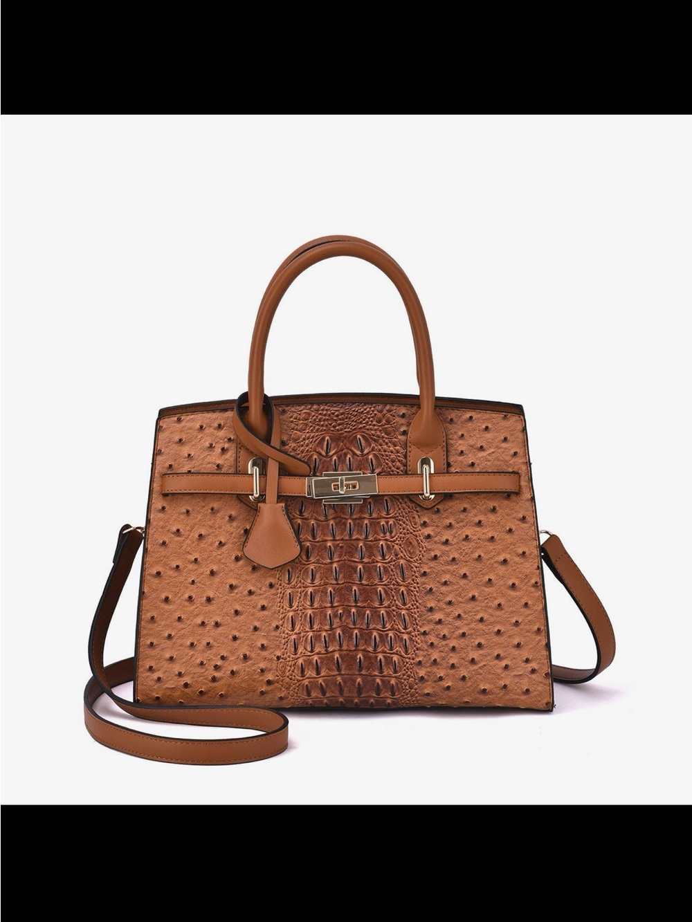 Classic Structured Brown Tote Handbag with Croc & Ostrich Texture